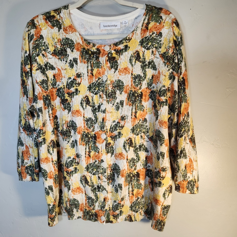 Breckenridge White Knit Top with Orange & Green Floral Print Sz XL